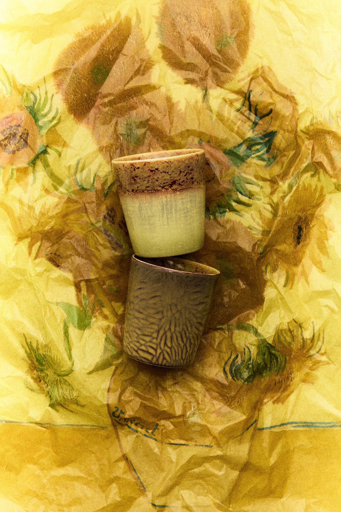 70s ceramics: Van Gogh coffee mugs, sunflowers (set of 2)