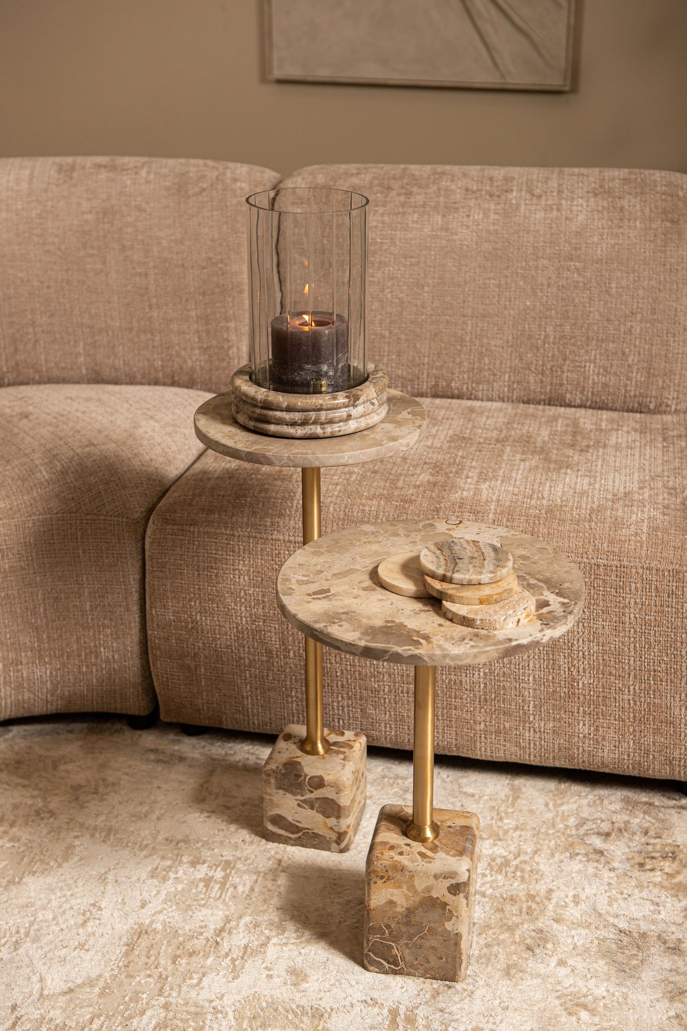 Ebe Beige Marble sidetable with round top high