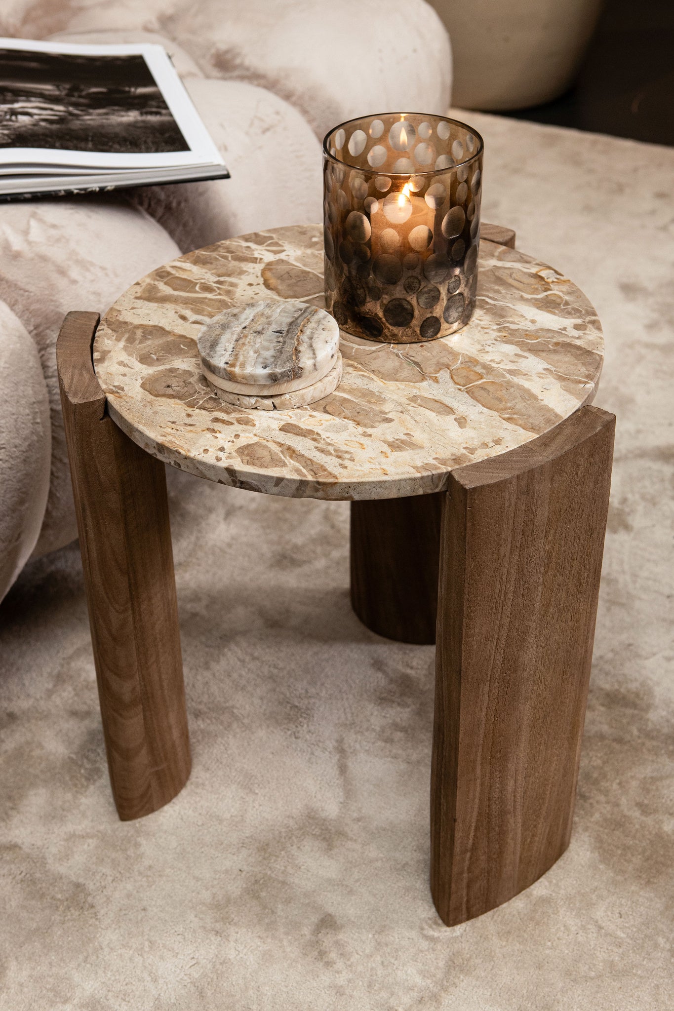 Javina Natural marble coffeetable mangowood base